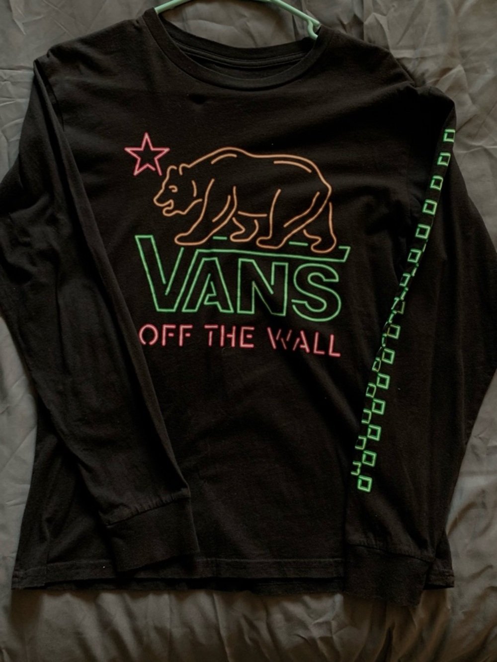 Vans Black Long Sleeve Tee with Neon Green & Pink Bear Graphic